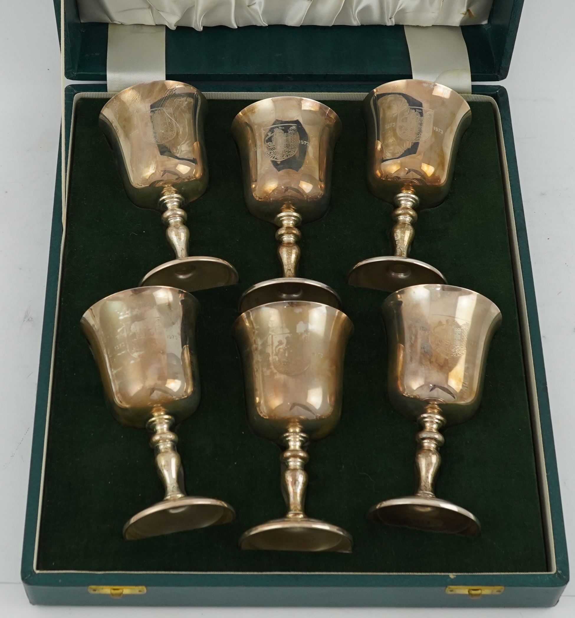 A cased set of six limited edition Elizabeth II silver Bristol Charter 600th Anniversary commemorative goblets by Barker Ellis Silver Co